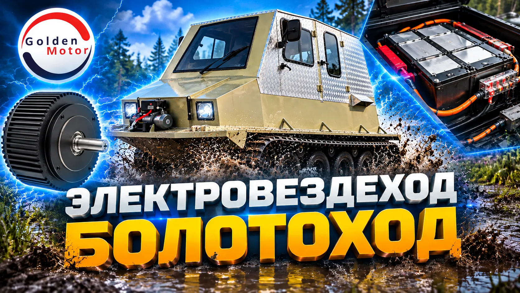 Обложка статьи об электровездеходе-болотоходе: машина на гусеницах, мотор-колесо, аккумуляторная батарея и контроллер